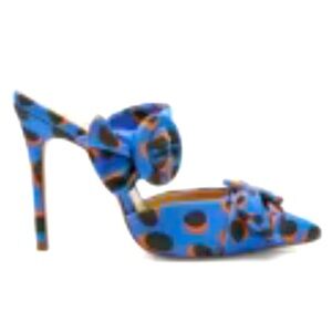 SCHUTZ Sz 38 Mules Blue Animal Print Heels Pointy Toe Fabric Buckle Bow NEW